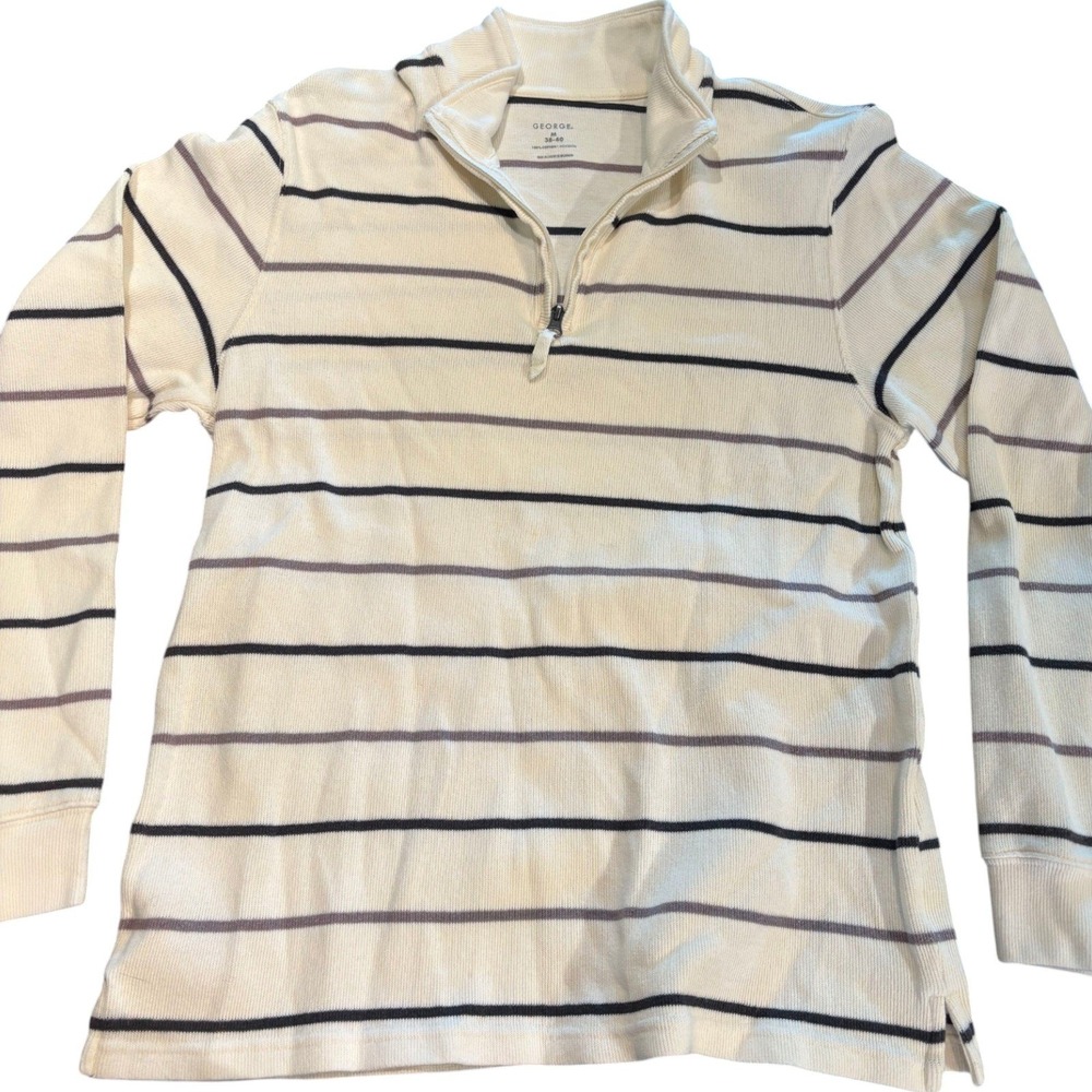 George Mens Quarter‎ Zip Ribbed Pullover Sweater Cream Striped GM41069S Size M